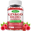 Ginkgo Biloba Gummies z Panax Ginseng i Magnezu, Ginkgo Biloba Suplementy dla Focus, Pamięć i Zdrowie Mózgu dla dorosłych i dzieci, Wegański Malina Flavor Gummies, 60 Hrabia