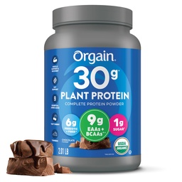 Orgain Organic 30g Vegan Protein Powder, Czekolada 9g EAA + BCAA, Białko roślin, 6g Prebiotic + Fiber, 1 g Cukier, Wstępny trening, Wsparcie dla mięśni + Odzysk - 2.01lb (Packaging May Vary)
