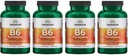 Swanson B6 Pyridoxine - Suplement Witaminy Propagujący Zdrowie i Metabolizm układu sercowo- naczyniowego - Naturalna Formuła Propagująca Ogólny Wellness - (250 kapsułek, 100 mg każdego) (4 opakowania)