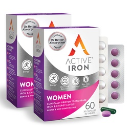 Active Iron Supplement 25mg + Multivitamin dla kobiet - klinicznie udowodnione zwiększenie energii i zmniejszenie zmęczenia - Delikatne, Niestygnujące Żelazko + Multiwitamina Kobiet - 60 Kapsułki + 60 Tabletki