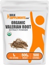 BulkSupplements.com Organic Valerian Extract Powder - Sourced from Valerian Root, Herbal Supplement - Gluten Free, 1g per Serving, 500g (1.1 lbs) (Opakowanie po 1)