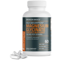 Bronson Magnezu Glicynian 200mg Wysoka absorpcja Chelated Buffered Gentle On The Stomach Non-GMO, 60 Kapsułki wegetariańskie