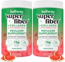 Bellway Super Fiber Powder + Collagen (2 opakowania), Pyllium wolny od cukru proszek Husk z peptydami kolagenowymi i kwasem hialuronowym dla Gut Health, Zdrowa skóra, paznokcie, kości i łączniki, Arbuz (21.2 oz)