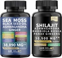 Sea Moss and shilajit Sea Moss Black Seed Oil Ashwagandha Ginger & shilajit rhodiola rosea panax Ginseng (120 Count (Pack of 2))
