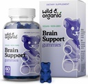 Wild & Organic Brain Support Gummies - Focus Supplement w / Ashwagandha Root, Witamina B12, Ginkgo Biloba, Bacopa - Vegan Chews for Clarity & Productivity - 60 Brain Gummies
