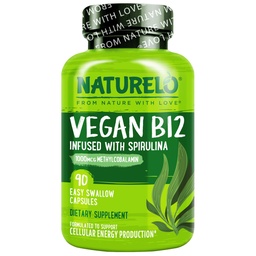 NATURELO Vegan B12 - Metylu B12 z Spirulina organiczna - Witamina o dużej mocy B12 1000 µg Methylcobalamina - Pomaga zdrowy nastrój, energia, serce i oko Zdrowie - 90 Kapsułki
