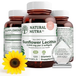Natural Nutra Lecithina Sunflower 2000 mg Suplement, Wspiera Piersi Mama z plugged Milk Duct Relief, Wątroba & Mózg Health Booster, Soy Free, Non-GMO, Gluten- Free, 120 Softgels (2 Pack)