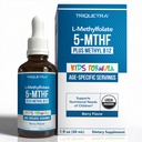 Metylofolat organiczny + kofaktor metylowy B12 - organiczny aromat jagodowy, postać podjęzykowa - 5- MTHF Forma, Superior Form of Folate - Regulowana dawka dla wszystkich wieków - nastroje, zachowania, kognitywność - 1 oz.