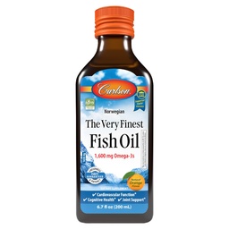 Carlson - The Very Finest Fish Oil, 1600 mg Omega-3s, Liquid Fish Oil Supplement, Norwegian Fish Oil, Wild-Caught, Sustainably Sourced Fish Oil Liquid, Orange, 6.7 Fl Oz