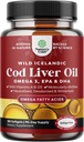 Islandzki Cod Liver Oil Softgels - Wild Caught EPA DHA Omega 3 Fish Oil 1000mg za porcję - Zrównoważony smak Burpless Fish Oil Supplement z witaminą D3 & A dla serca wspólnego mózgu i immunologicznego wsparcia