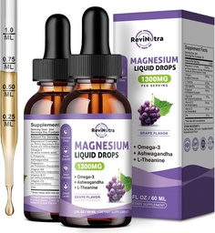 2 Opakowania Magnezu krople płynne, Ciekłe Glicynian magnezu z Taurate & Cytrate, Potasu, Omega3, L- Theanine, Ashwagandha, D3, B6, B12 dla Sleep, Mięśnie, Serce, Sugarfree Grape Flavor