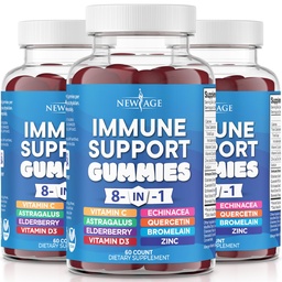 Nowy wiek 8 w 1 Immune Support Booster Supplement with Astragalus Root, Witamina C and Cynk 50mg, Witamina D 5000 j. m., Quercetin & Bromelain (8 w 1 Gummies (opakowanie po 3))
