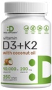 DEAL SUPLEMENT Witamina D3 10 000 IU + K2 MK7 200mcg Softgels, 250 Hrabia 124; 2- in-1 Kompleks z Virgin Coconut Oil 124; Łatwy do połknięcia