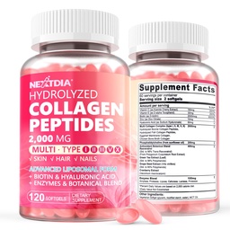 2 Pack Liposomal Collagen Peptydes Pills for Women 2000mg, Multi Hydrolizated Collagen Type I, II, III, V, X with 2500mcg Biotin - Colagen Supplements Softgels with Hair, Skin & Nails Vitamins, 240 Cts