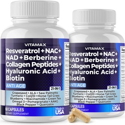 Vitamax Resveratrol NAD + Berberine Hyaluronic Acid - Biotin Grape & Blueberry + NAC - Collagen Peptides - Hair, Nail, Skin & Joint Supplement - 21- in-1 Kobiety i mężczyźni - Made in USA - 120 Count