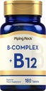 Piping Rock witaminy B Complex 124; 180 Tabletki 124; z B12 Bilans 124; Wegetarianin, Non-GMO, Soy Free Supplement