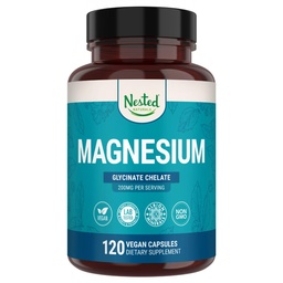 Nested Naturals Magnezu Glycinate Chelate - 200mg Chelated suplement magnezu do skurczów mięśni, Relaxation, & Sleep Support - 100% Albion TRACCS Buffed Magnezu Glycinate - 120 Kapsułki wegańskie