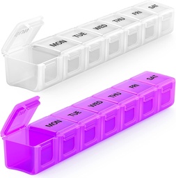 BUG HULL Cotygodniowy Pill Organizator Duże 2 Pakiety, Dodatkowe duże Travel Pill Organizatorów, Pill Box 7 Dzień, Travel Pill Case, Medicine Pill Organizer dla witamin, Suplementy i Medycyna (Biały + Purpurowy)