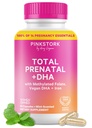 Pink Bocian Total Witaminy prenatalne z DHA, Folate, Żelazo, Cholina i Witamina B12 - Przewidywanie Żywienie - Prenatals dla kobiet, Essentials ciążowe - Mint Essence, 60 Kapsułki, 1 Miesiąc dostaw