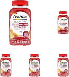 Centrum MultiGummies Multi + Omega 3 Dual Action, Adult Multivitamin, Multivitamin / Multimineral / Omega 3 Suplement, Truskawka / Lemon / Orange Flavors - 110 Count (Pack of 5)