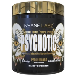 Szalony Labz Psychotic Gold, Wysoki Stymulant pre Workout Powder, Ekstremalna Energia Lasting, Pompy i Endurance z Beta Alanine, DMAE Bitartrate, NO Booster (35 Sługi, Peach Mango)