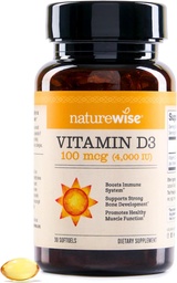 NatureWise Witamina D3 4000iu (100 µg) 30- Day Supply for Immune Support, Healthy Muscle Function, and Bone Health - Non-GMO, Gluten Free in Organic Extra Virgin Olive Oil, (Mini Softgel), 30 Count