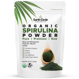 Proszek Spirulina, Koszerna, Surowa i Nienapromieniowana Dwudziestoczterokrotnie; Czysty białko wegańskie Dwudziestoczterokrotnie; Premium Superfood, Wysoka zawartość aminokwasów i przeciwutleniaczy - 4 unce