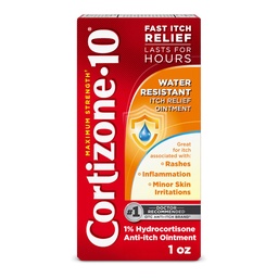 Cortizon- 10 Maksymalna wytrzymałość wody Wytrzymałość na działanie środka przeciwbólowego, 1% Hydrokortyzon, Szybkie działanie, Anty- Itch Cream for Bug Bites, Wysypka, Wyprysk, Łuszczyca, Poison Ivy, Oak, Sumac & More, 1 oz