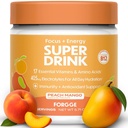 Forgge Energy Booster Super Drink - Czysta kofeina + B12, B6, C & D Witaminy - Sugar Free Energy Drink Powder with Electrolytes, Amino Acids, Przeciwutleniacze, Lwy Mane - Wegan, Keto- Friendly - 30 SVG, Peach Mango