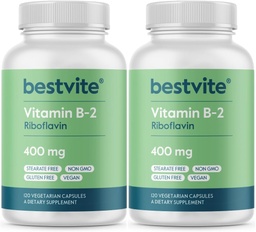 BESTVITE Witamina B-2 (Riboflavin) 400mg (240 Kapsułki wegetariańskie) (120 x 2) - Brak stearynianów - Wegan - Nie GMO - Bez glutenu