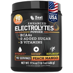 Zeal Naturals Electrolyte Powder Recovery Drink (90 Servings Dango 124; Peach Mango) w 0 Sugar + BCAA + B- Vitamin Electrolyte Supplement w Potasu Cynk & Magnez do hydrolizy - Keto Electrolytes