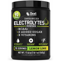 Zeal Naturals Electrolyte Powder Recovery Drink (90 Servings Dink 124; Lemon Lime) w 0 Sugar + BCAAs + B- Vitamin Electrolyte Supplement w Potasu Cynk & Magnez do hydrolizy - Keto Electrolytes