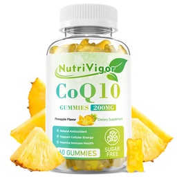 CoQ10 Gumiaki, Coenzym Q10 Suplement 200 mg, Wysoka Absorpcja CoQ10 Suplement dla Energii Komórkowej i Zdrowia Immunowego, Wegan, Bez glutenu, Smak ananasowy, 60 Liczba