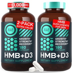 HMB i suplement witaminy D3 Kapsułki - B- hydroksy B- metylobutyrate 1,000- 3000 MG Suplementy HMB z witaminą D3 - Wzrost mięśni, Siła, Wydajność, Przygotowania, Odzysk mięśni - 360 Czapki
