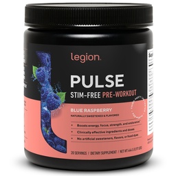 LEGION Pulse pre Workout Supplement - All Natural Nitric Oxide Precuting Drink to Boost Energy, Creatine Free, Natural Sweetened, Beta Alanine, Citruline, Alpha GPC (Caetine Free Blue Razz)
