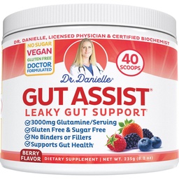 Doctor Danielle Gut Assist - Leaky Gut Repair Supplement Powder - Glutamina, Arabinogalactan, Licorice Root - Wspiera IBS, Heartburn, Bloating, Gaz, Zaparcia, SIBO z, Berry Flavor