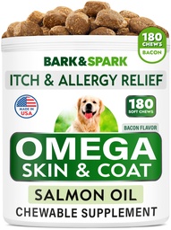 Omega 3 dla psów i kotów - 180 Fish Oil Treats for Dog Shedding, alergia skóry, Itch Relief, Hot Spots Treatment - Joint Health - Skin and Coat Supplement - EPA & DHA Fatty Acids - Salmon Oil - Bacon