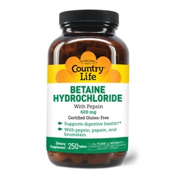 Country Life Betaine Hydrochlorki z pepsyną 600 mg - 250 tabletek
