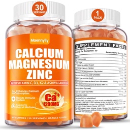 Wapń 1200 mg z witaminą D3 Gummeje dla dorosłych - Wapniowy cytrynian z witaminą D3 K2, Magnezem, Cynkiem, Borem, Miedzią i Ashwagandha - Dodatkowa absorpcja Suplement wapnia dla kobiet