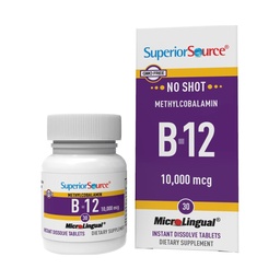 Superior Source No Shot Methylcobalamine B- 12 10000 mcg - Witamina B- 12 do wspomagania produkcji energii, Zdrowie mózgu i ogólne Wellness - Podjęzykowe tabletki do szybkiego wchłaniania - 30 tabletek rozpuszczających