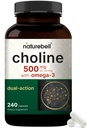 NatureBell Choline Supplements 500mg with Omega-3 Fatty Acids, 240 Capsules Advanced 124; Wysoka moc Choline Bitartrate - Wsparcie prenatalne w czasie ciąży - Promotes Energy, Wątroba, Mózg, & Cognitive Health