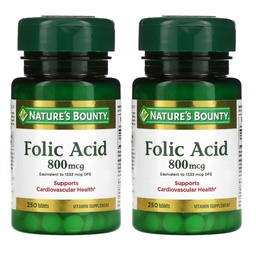 Nature 's Bounty Folic Acid 800 µg Suplement witaminy Maksymalna moc - 250 tabletek, Opakowanie po 2