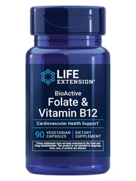 Life Extension BioActive Folate & Witamina B12, Promotes Heart, Mózg i GI Tract Health, Non-GMO, Gluten- Free, Wegetarianin, 90 Kapsułki