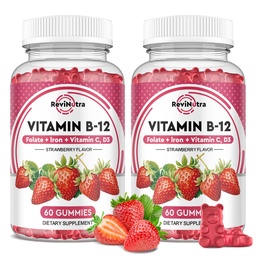 Witamina B12 Kompleksowe żeberka - 5000 µg Metylkobalamina z żelazem, Witamina C, D3 & Folate, Wsparcie energetyczne i Metabolizm, Immune, B- 12 Suplement do żucia dla mężczyzn i kobiet, Smak truskawki, 2 opakowania