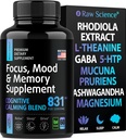 Suplementy Brain for Memory and Focus - Ashwagandha, L Theanine, Rhodiola Extract, GABA, 5HTP - Nootropic, Mood Support & Cortisol Supplement - Magnezu tlenek, Mucuna Pruiens - 60 Kapsułki
