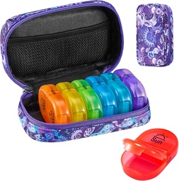 Serfeymi Cotygodniowy Travel Pill Organizator 2 razy w ciągu dnia PM Zmodernizowany Rainbow Pill Box 7 Dzień z przenośnym Zipper Canvas Pill Case, Medicine Organizer for Pills, Witaminy, Oleje rybne - Purpurowy 01