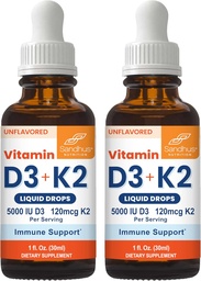 Sandhu witaminy D3 K2 krople dla dorosłych 124; 5000 j.m. D3 Płyn, 120mcg K2 Suplement 1 Fl Oz (Opakowanie z 2) 124; D3K2 Wspiera Superior Absorption, Energia, Immune, Zdrowie mięśni dla mężczyzn i kobiet