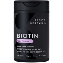 Sport Research ® Biotin 2,500mcg z organicznym olejem kokosowym - Biotyna (Witamina B7) dla zdrowej skóry i włosów * - dla kobiet i mężczyzn - Wegan, Non-GMO, Gluten & Soy- Free - 120 Veggie Softgels