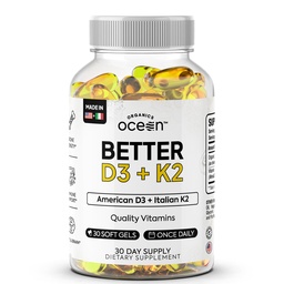 Organic Ocean Better D3 + K2-100% Organic VIT D3 i K2 Suplementy z maksymalną biodostępnością - Wspiera gęstość kości, Wapnia Balance, Immunitet & Nastrój - 1- Pack, 30- Day Supply