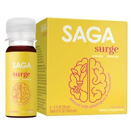 SAGA SURGE Organic Energy Shots: 124; Performance Drink: 124; Yerba Mate & Alpha GPC Supplement with CoQ10, Turmeric & Mushrooms: 124; Pre Workout Boost Drink for Focus, Endurance & Performance: 124; 2oz Peach Mango